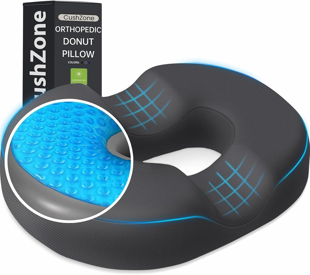 Donut Pillow Seat Cushion, Cooling Gel Memory Foam Chair Cushion, Black