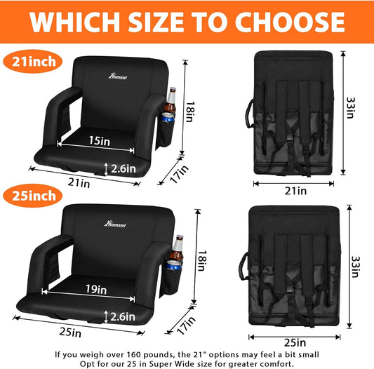 2PK 21in Extra Wide Dual-Zone Heated Stadium Chairs for Bleachers with Back Support,3-Level Heating Foldable Bleacher Chair, 6 Reclining Positions, 5 Pockets, Buckle & Hooks Fasten for Outdoor
