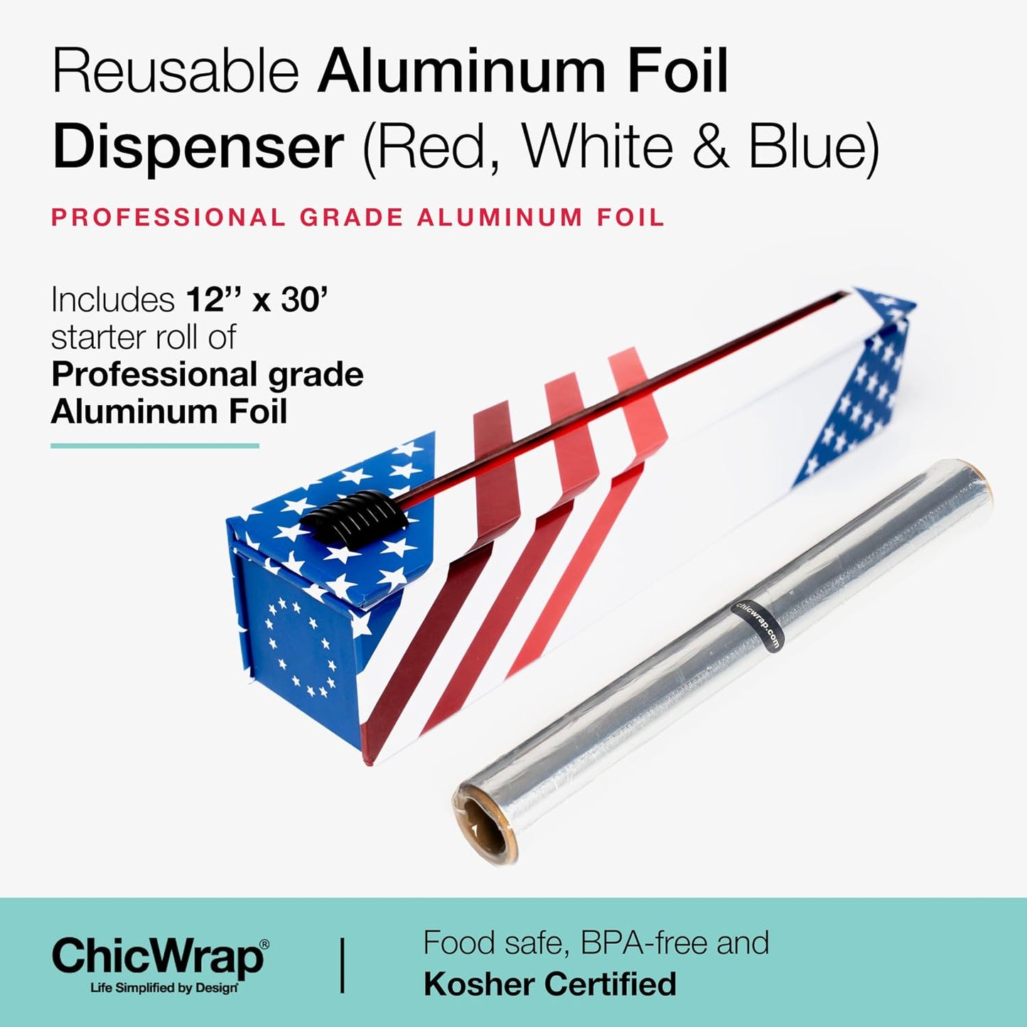 ChicWrap Carrara Marble Aluminum Foil Dispenser - Includes 12"x30' roll | Reusable Aluminum Foil Dispenser with Four Non-Slip Rubber Feet
