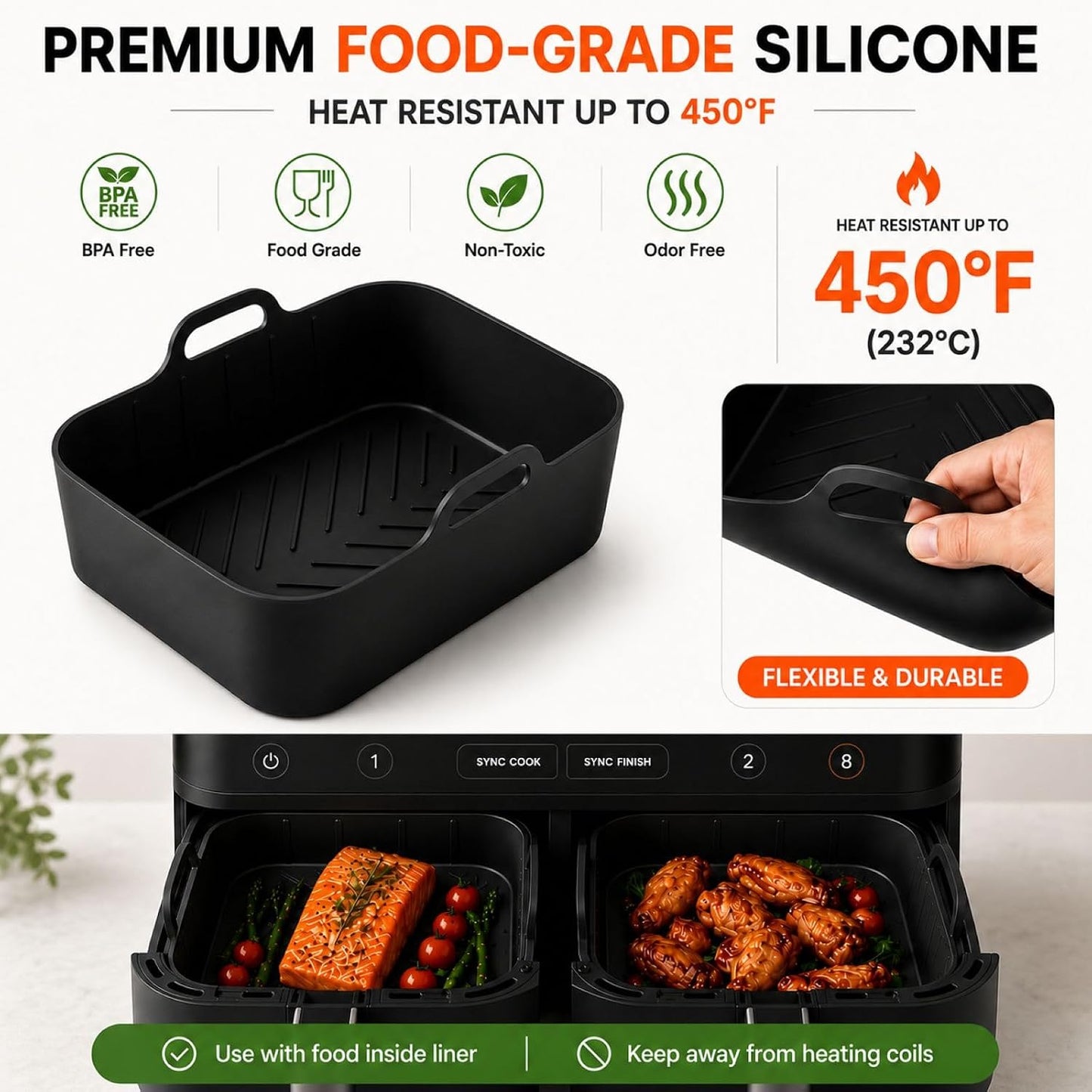 Silicone Air Fryer Liners, 2 Silicone Air Fryer Liners & Accessories | Compatible with NinjaDZ201, DZ401, DZ550 & Most 8QT-10QT Dual Basket Air Fryers, Air Fryer Liners Reusable, BPA-Free Nonstick