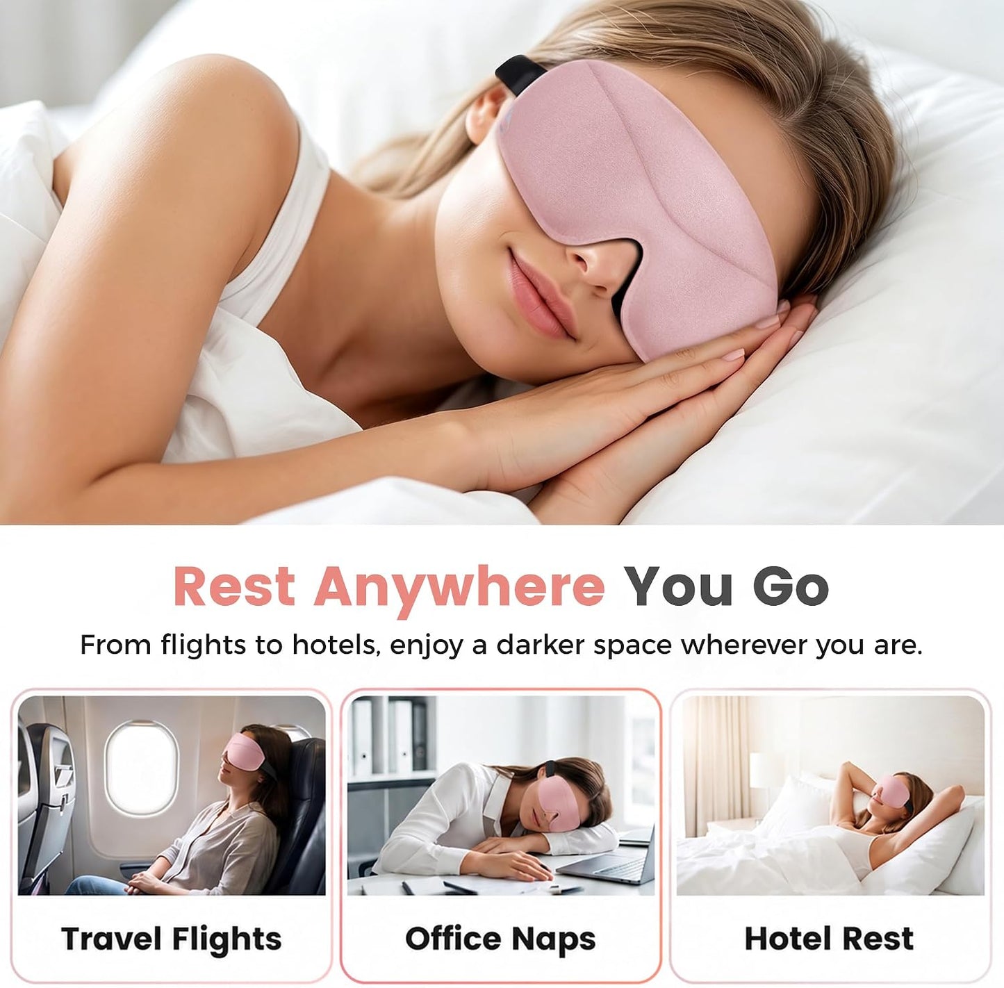 Sleep Mask for Women Men: 100% Blackout 3D Eye Mask for Sleeping, Sleeping Mask for Side Sleepers, Zero Pressure Memory Foam Eyelash Friendly Breathable Eye Cover, Airplane Travel Essentials-Pink