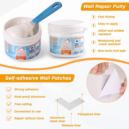 Drywall Repair Kit, Drywall Patch Repair Kit with 8.8OZ White Wall Repair Putty, Scraper Sandpapers Gloves for Heavy Duty Plaster Wall Repair, Easy to Fill Holes in Home Wall & Quick Repair Crack