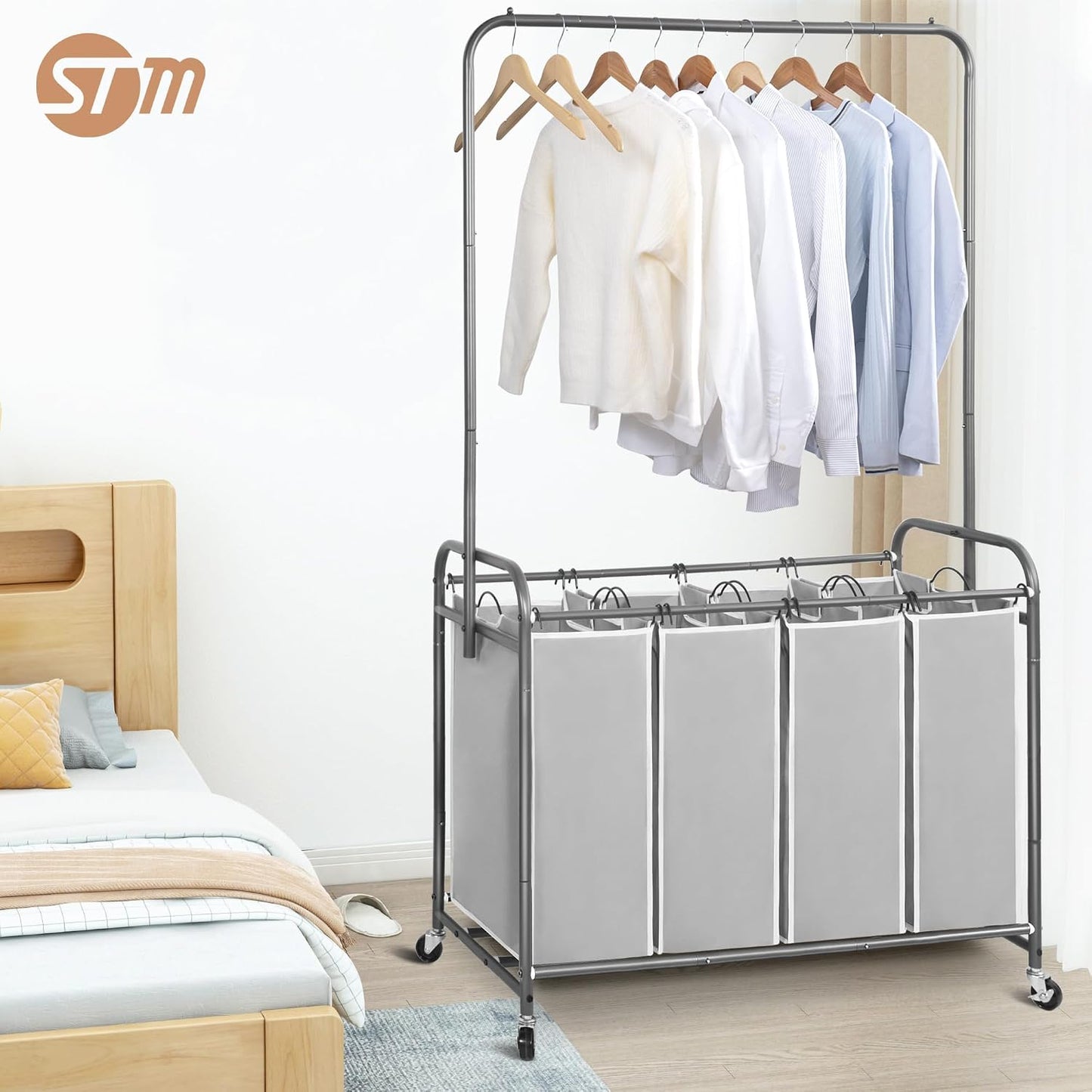 STORAGE MANIAC Laundry Sorter with Hanging Bar, Portable, Removable Laundry Hamper Cart with Heavy Duty Lockable Wheels and Removable Bags, Rolling Laundry Basket Organizer 181L, 4 Section Gray