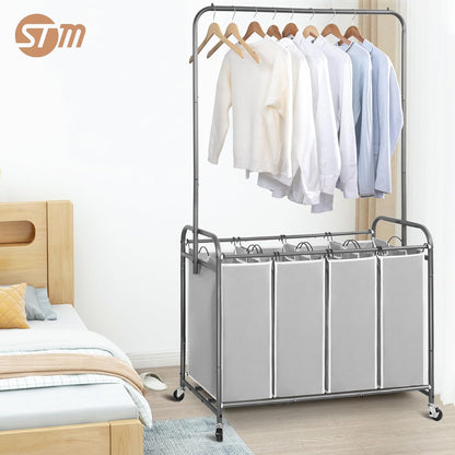 STORAGE MANIAC Laundry Sorter with Hanging Bar, Portable, Removable Laundry Hamper Cart with Heavy Duty Lockable Wheels and Removable Bags, Rolling Laundry Basket Organizer 181L, 4 Section Gray