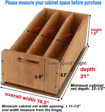 DINDON Pull Out Cabinet Organizer for Pans, Pot lid, Cookie Sheet, Cutting Board, Baking Tray, Slide Out Kitchen Cabinet Storage Organizer, 10.5''W X 21"D X 10.6"H, Wood