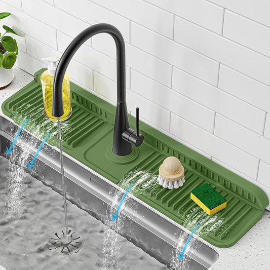 PoYang 24 Inch Faucet Mat for Kitchen Sink Splash Guard, Silicone, Black | Sink Protectors with 7° Slope for Smooth Drainage, Snap Button Holds It in Place, 90° Foldable & Cuttable Hole Fit Most Sinks