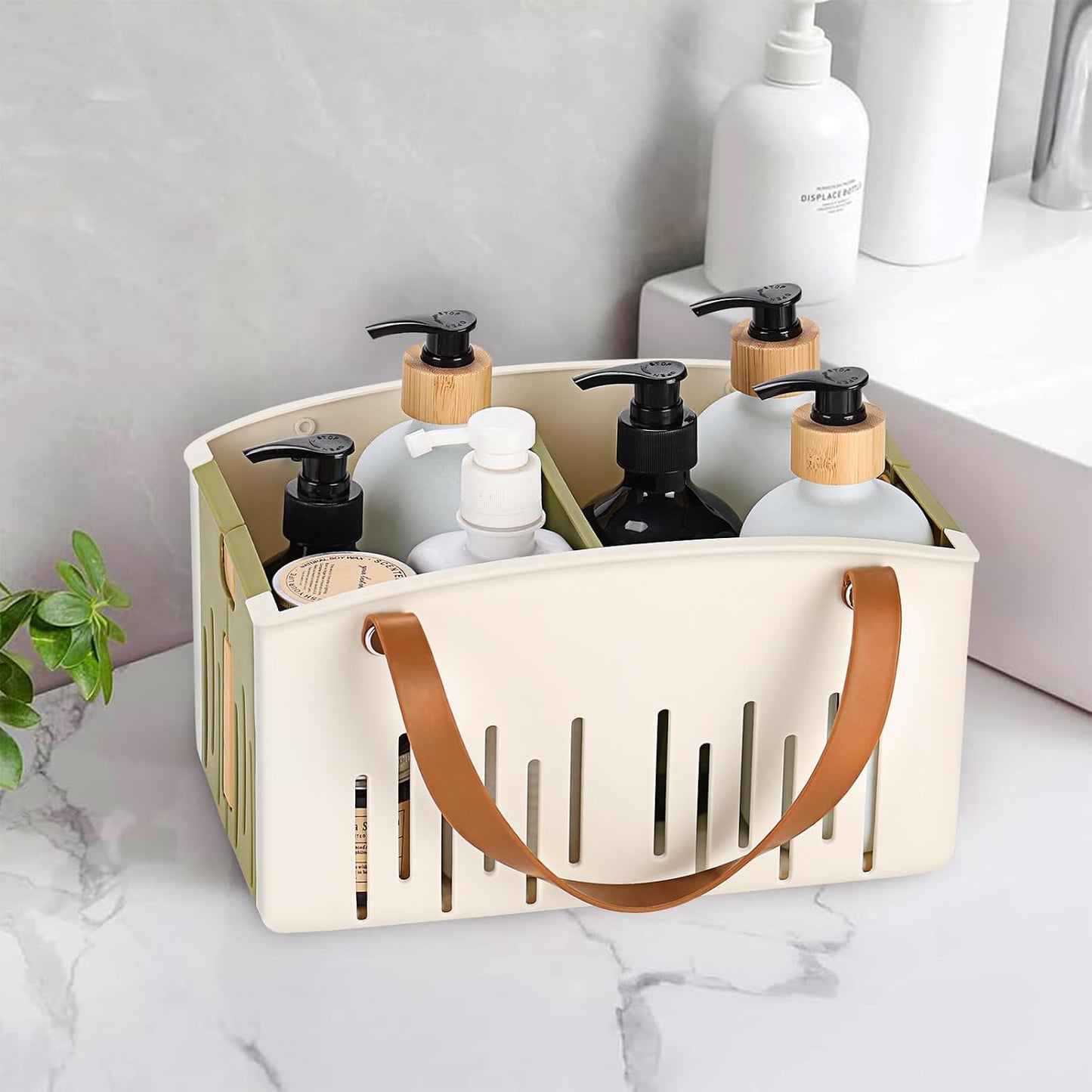 Portable Shower Caddy Collapsible Plastic Shower Basket Tote with Handles Removable Divider, Cleaning Caddy Storage Organizer for Bathroom College Dorm (White)
