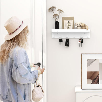 MKO Key Holder Wall Mount, Key Holder Wall Mount Adhesive with Mail Organizer Tray with 6 Key Hooks for Wall, Black | Metal Material, Key Rack with Shelf, Mail Organizer Tray for Entryway, Hallway, Living Room