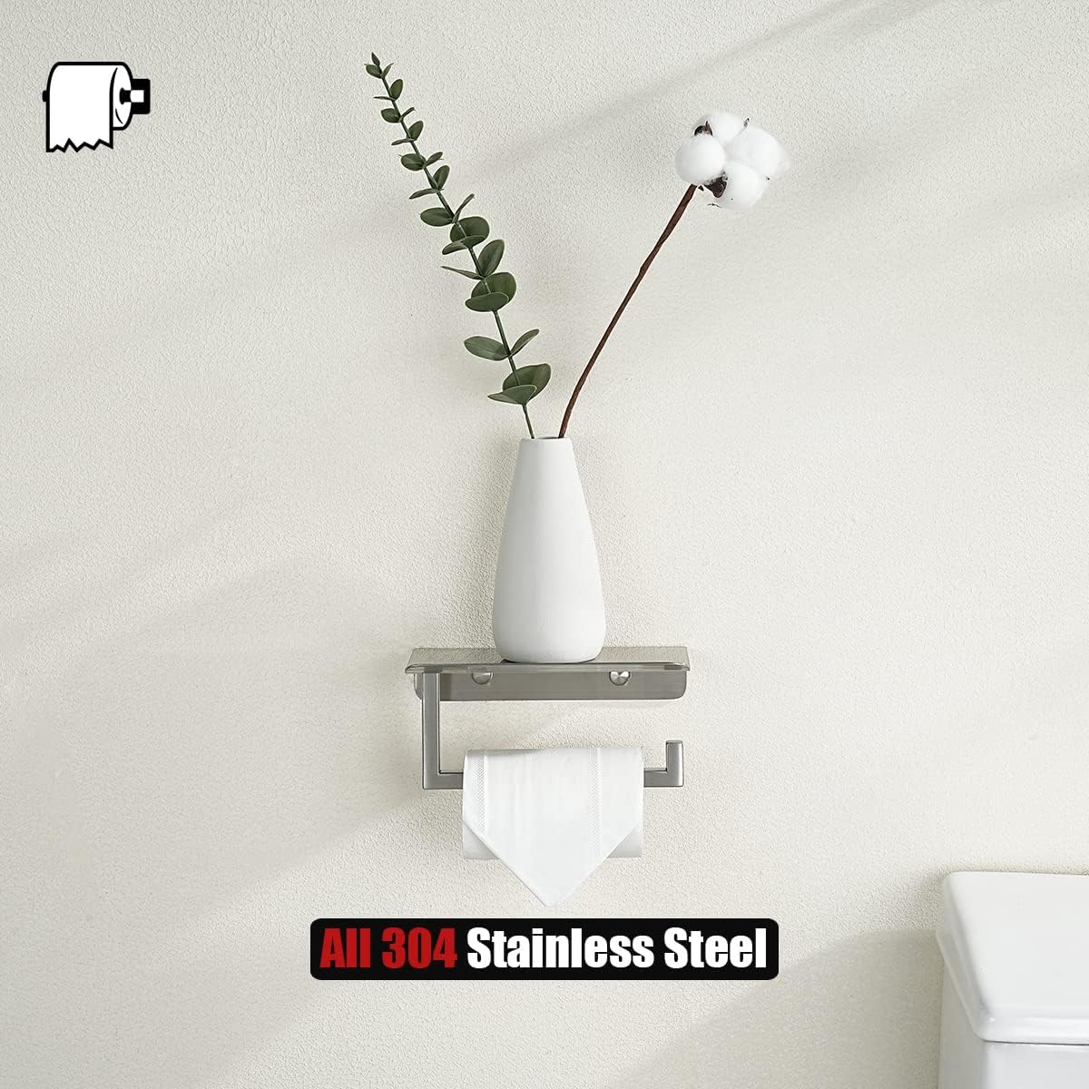 JQK Toilet Paper Holder Shelf, Bathroom Tissue Roll Holder with Phone Shelf, 5 Inch 304 Stainless Steel Tissue Paper Dispenser, Matte Black Wall Mount, TPH202-PB