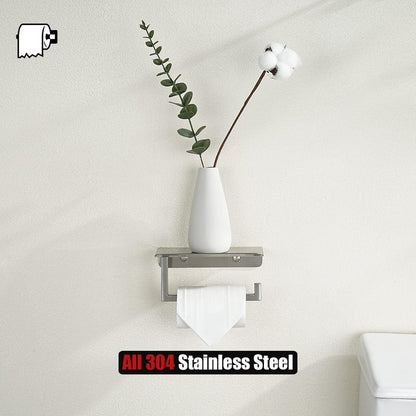 JQK Toilet Paper Holder Shelf, Bathroom Tissue Roll Holder with Phone Shelf, 5 Inch 304 Stainless Steel Tissue Paper Dispenser, Matte Black Wall Mount, TPH202-PB
