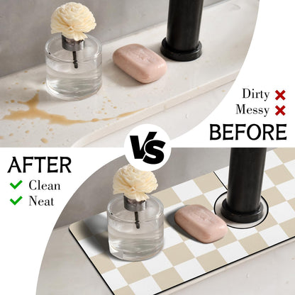 Light Brown White Checkered Kitchen Sink Splash Guard Faucet Mat,Faucet Non-Slip Absorbent Mat,Farmhouse Sink Splash Guard Behind Faucet for Kitchen Bathroom, 15"x5.5"