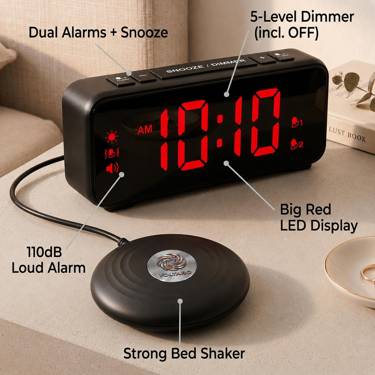 Vibrating Bed Shaker Alarm Clock for Deaf & Hard of Hearing, Black