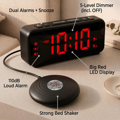 Vibrating Bed Shaker Alarm Clock for Deaf & Hard of Hearing, Black