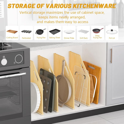 6 Pack Wood Tray Dividers Organizer For Kitchen Cabinet | Adjustable Vertical Cookie Sheet Organizer, Cabinet Dividers Organizer For Pots, Cutting Board, Pans, Lids, Baking Sheets