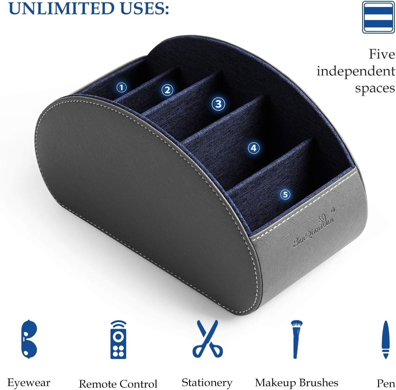 Remote Control Holders Organizer Box with 5 Compartment PU Leather Caddy | Multi-functional Office Desk Storage Caddy Store Tv Remote for Media Player,Brush,Pencil,Glassees&Office Supplies