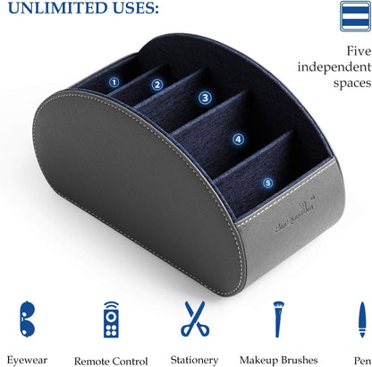 Remote Control Holders Organizer Box with 5 Compartment PU Leather Caddy | Multi-functional Office Desk Storage Caddy Store Tv Remote for Media Player,Brush,Pencil,Glassees&Office Supplies