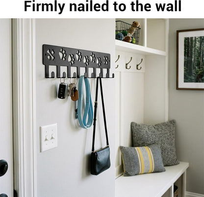 Metal Key Hanger Wall Mount Dog Leash Holder for Wall, Key Rack with 8 Hook | Entryway/Hallway/Kitchen Decor, Self Adhesive Dog Paws Design Walls Organizer with Screw Anchors for Gifts