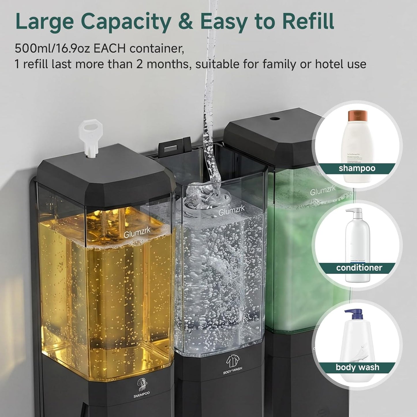 Shampoo and Conditioner Dispenser 3 Chamber No Drill Shampoo Dispenser for Shower Wall Mounted Shower Soap Dispenser 3 * 500ml Refillable Shower Dispenser for Bathroom Hotel(Black 3 Chamber)