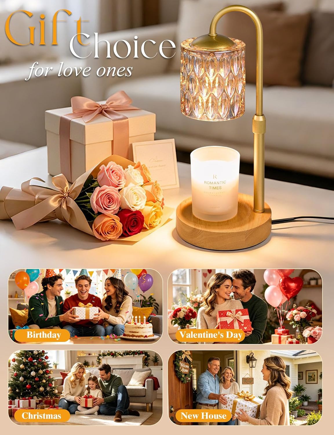Briever Dimmable Candle Warmer Lamp with Timer, Height Adjustable Electric Candle Wax Warmer, Christmas Birthday Gifts for Women Mom, House Warming Gifts New Home Room Decor, Black Solid Wood Base