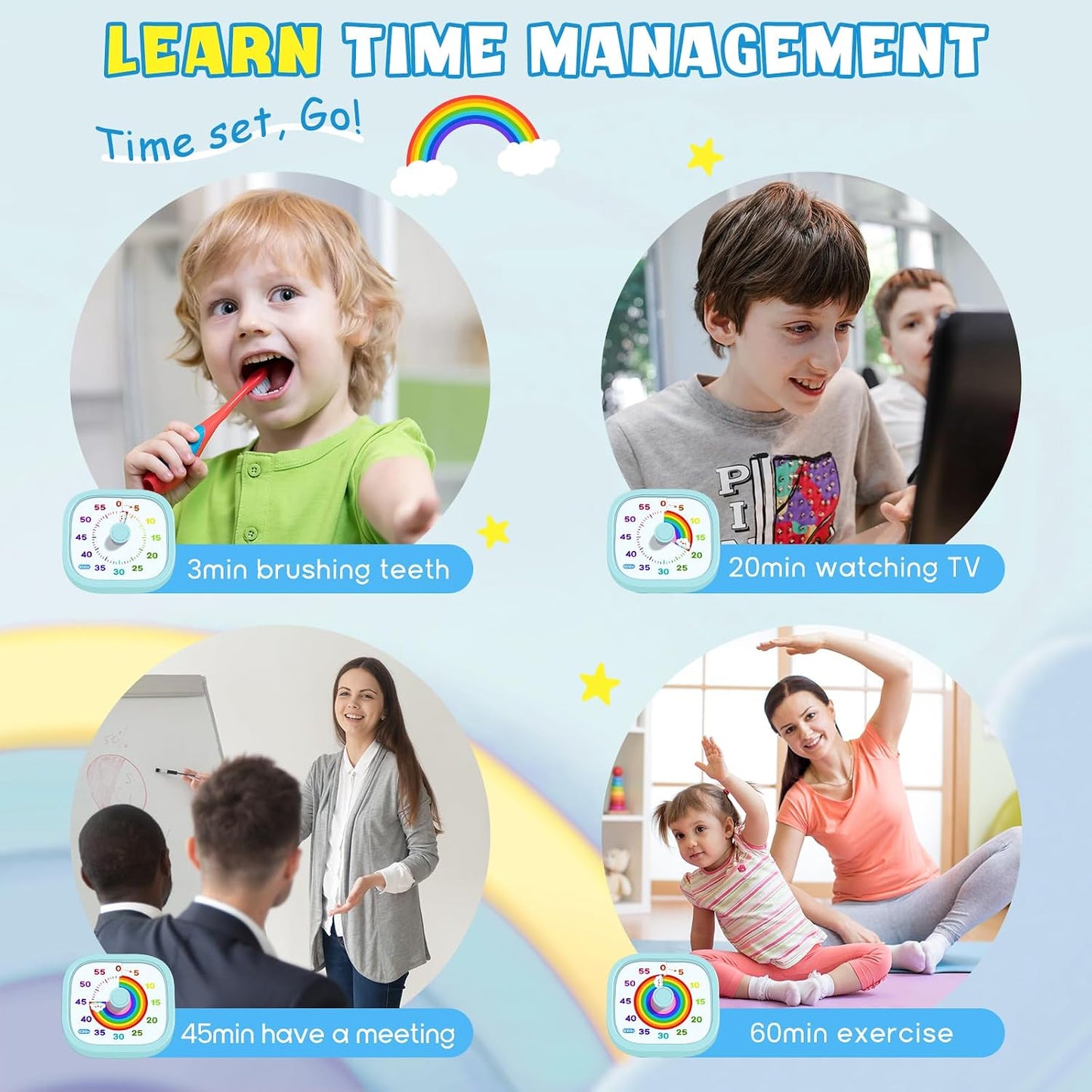 HIPPIH Visual Timer for Kids - 60 Minute Pomodoro Timers for Classroom Kitchen Office, Countdown Kids Timer Clock with Rainbow Disk, Desk Time Management Tool for Toddler with Silent Operation, Blue