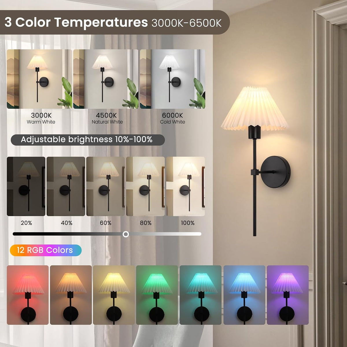 Rechargeable Battery Operated Wall Sconce Sets of 2, 15 Colors Wireless gooseneck Black Wall Lights Fixture with Dimmable Bulbs and Remote, Not Hardwired Wall Mounted Lamps for Bedroom Living Room
