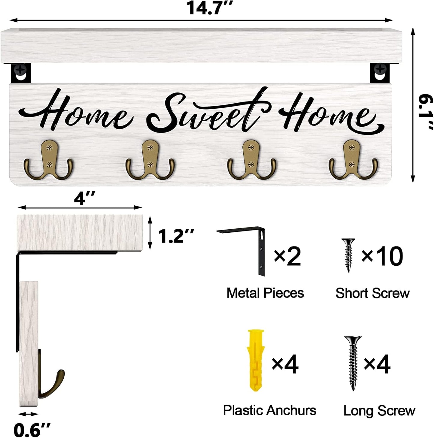 buways Key Holder Wall Mount with 8 Hooks and Cozy Home Sign (Gray) | Solid Wood, Floating Shelf for Keys, Mail, and Daily Essentials in Entryways, Hallways or Home Decor