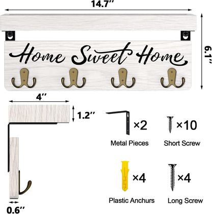 buways Key Holder Wall Mount with 8 Hooks and Cozy Home Sign (Gray) | Solid Wood, Floating Shelf for Keys, Mail, and Daily Essentials in Entryways, Hallways or Home Decor