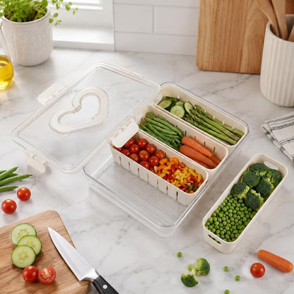 Salad Bar Containers for Fridge, Salad Storage Container with Handle and 4 Removable Colanders, Salad Prep Containers for Fridge, Vegetable Tray with Lid for Fruit Refrigerator Kitchen