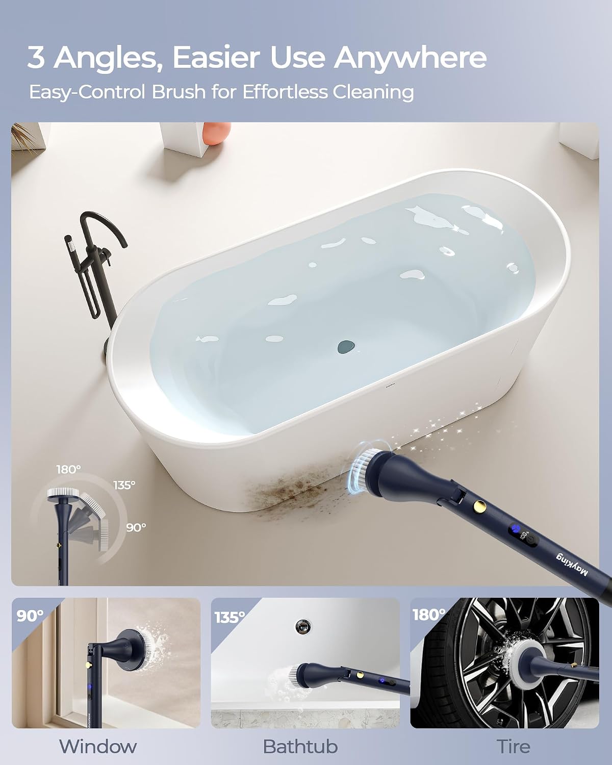 MayKing Electric Spin Scrubber with 9 Brush Heads, IPX7, Model Blue | 3-Angle & 4-Length Adjustable Cordless Power Scrubber, 3-Speed & Battery LED Display, for Bathroom, Tub, Floor & Tiles