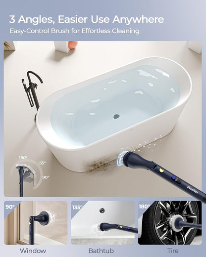 MayKing Electric Spin Scrubber with 9 Brush Heads, IPX7, Model Blue | 3-Angle & 4-Length Adjustable Cordless Power Scrubber, 3-Speed & Battery LED Display, for Bathroom, Tub, Floor & Tiles