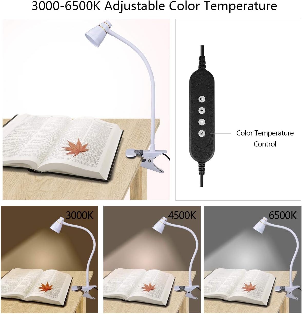 Zoomable Clip on Light, Clamp Reading Light for Dorm Bed Headboard, Dimmable Spotlight with 3 Color Temperature Options, 10 Dimmable Brightness Levels, Adjustable Beam Angle