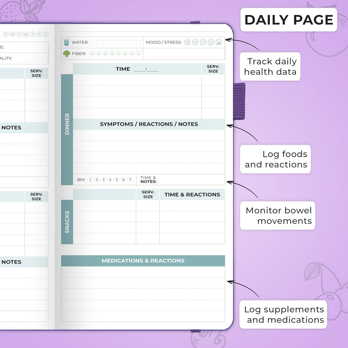 Clever Fox Food Sensitivity Journal & Symptom Diary, 8.5x11 Purple