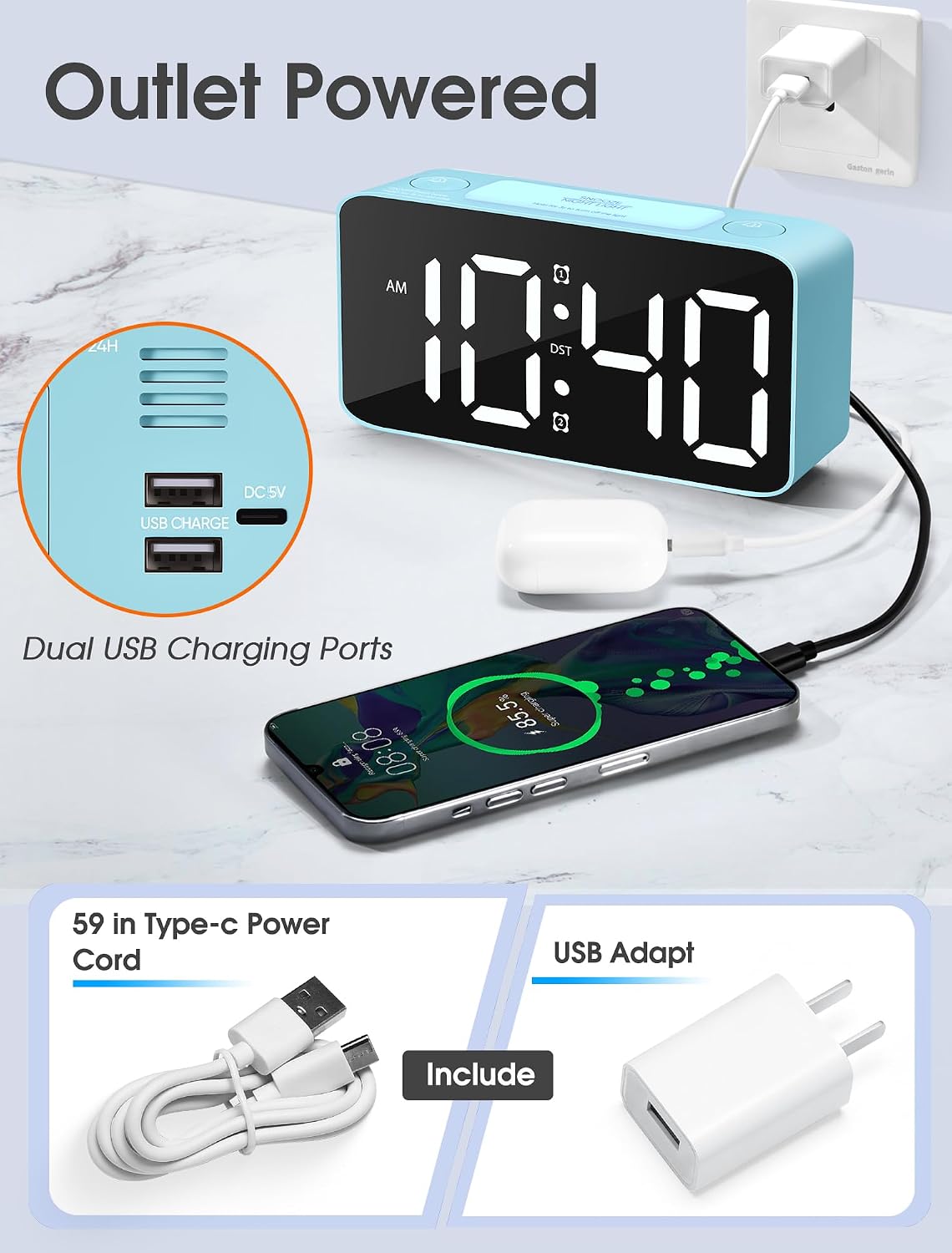 Cadmos 110dB Extra Loud Alarm Clock for Heavy Sleepers Adults, Digital Clock with 7 Color Night Light, RGB Display, Dual USB Charger, Small Clocks for Bedrooms, Kids, Teens (White+RGB)