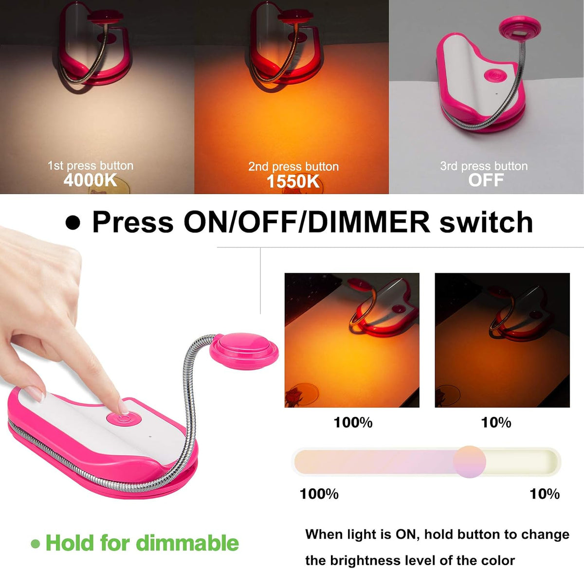 BIGMONAT Rechargeable Reading Light for Kids,Small Amber Book Reading Lights,Multi Colors Portable LED Reading Lamp with 360° Rotary Light Neck,Wireless Clip Reading Lighting for Books (Green)