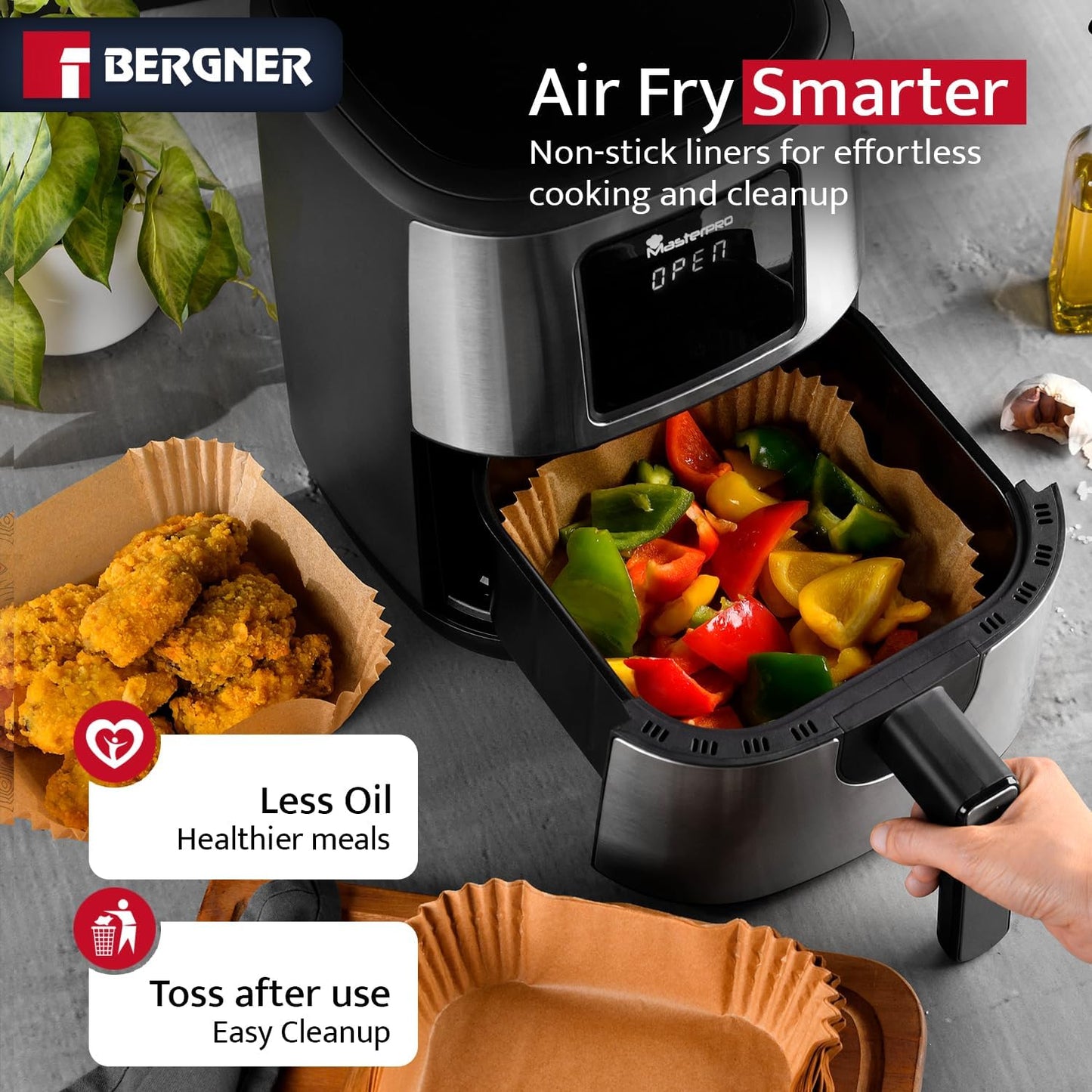 Bergner 125-Count Square Air Fryer Liners 8 Inch - Non-Stick Disposable Parchment Paper, Oil & Grease Resistant Heat Safe Baking Sheets for Air Fryer, Oven & Steamer