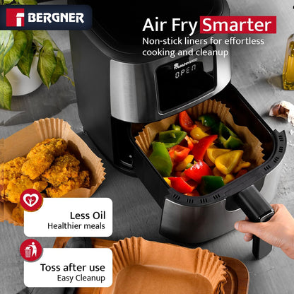 Bergner 125-Count Square Air Fryer Liners 8 Inch - Non-Stick Disposable Parchment Paper, Oil & Grease Resistant Heat Safe Baking Sheets for Air Fryer, Oven & Steamer