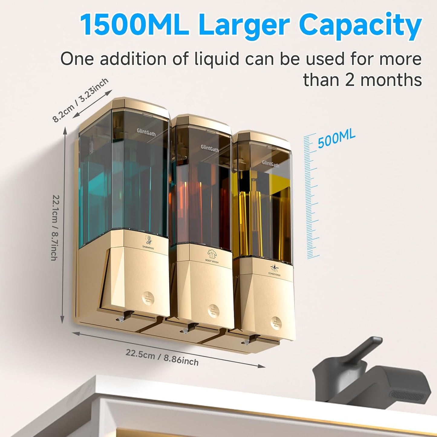 Shampoo and Conditioner Dispenser,Shower Dispenser 3 Chamber No Drill Shampoo Dispenser for Shower Wall Mounted Shower Soap Dispenser for Bathroom Hotel,Large Capacity 3 * 500ML,Gold