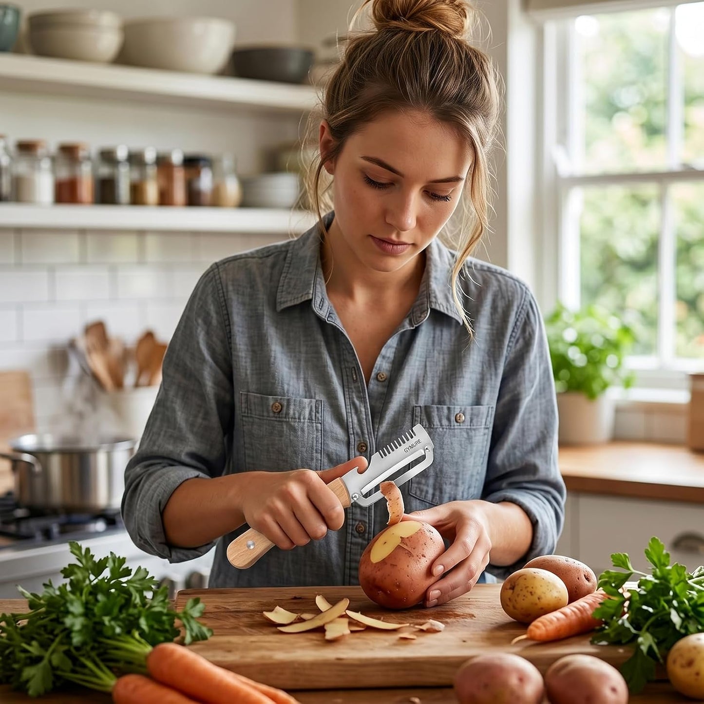 2026 New Multifunctional Vegetable Peeler with Wooden Handle and Bottle Opener, Stainless Steel Peeler for Kitchen, Multi Functional Vegetable Peeler for Fruit Potato Carrot Pumpkin Zucchini (1-Pack)