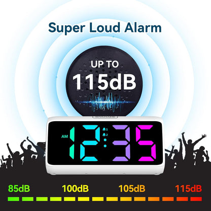 Netzu Loud Alarm Clock for Heavy Sleepers, RGB Alarm Clocks for Bedrooms Seniors Kids, Plug in Digital Clock with 5 Dimmers, 2 Alarms, 4 Volumes and Snooze