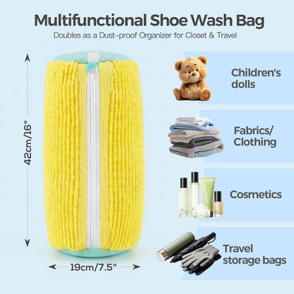 Dual Shoe Washing Machine Bag for Washer and Dryer Holds 2 Shoes (Yellow) | Reusable Laundry Shoe Bag with Microfiber Brushes, 360° Deep Cleaning, Self-Locking Zipper,Sneaker Tennis Shoe Cleaning Bag