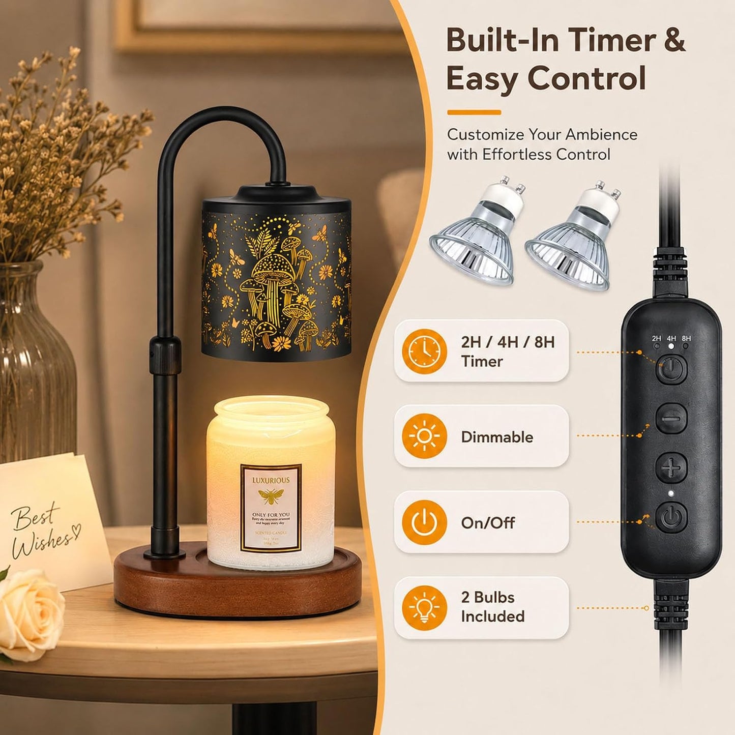 Dimmable Candle Warmer Lamp with Timer Adjustable Height for Scented Jar Candles Electric Candle Wax Melt Warmer for Home Decor Christmas Birthday Gifts for Women Mom(Hummingbird)
