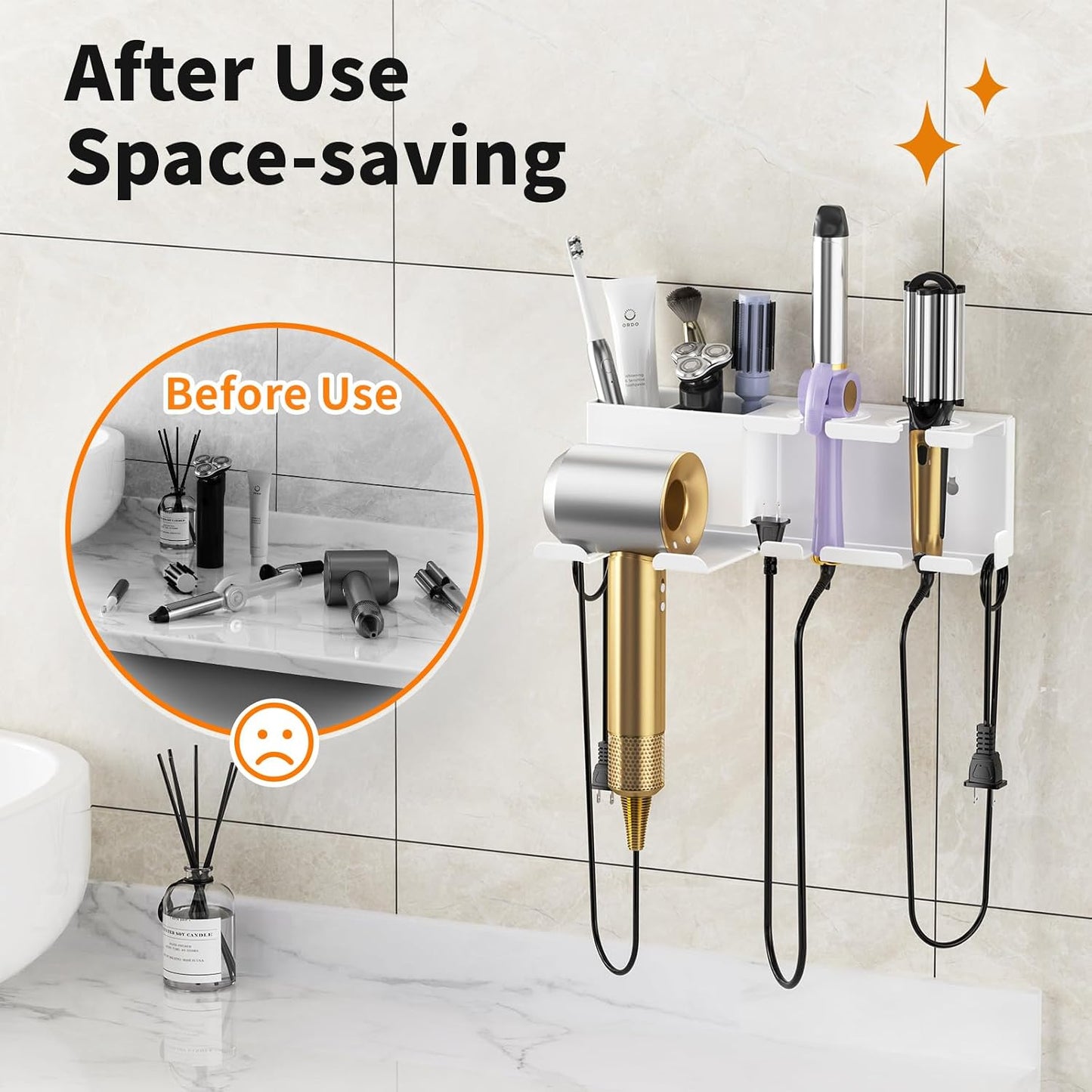 Hair Dryer Holder, Hair Tool Organizer Wall Mount, Adhesive or Drill, White | Blow Dryer Holder for Dryer Hook, Straightener Curling Irons Hairdryer Hair Appliance Hanger for Salon Bathroom Wall Storage