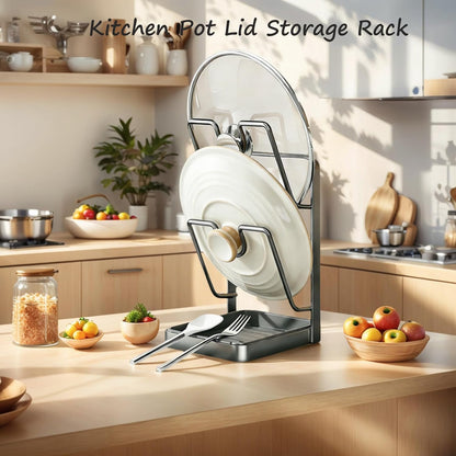 Kitchen Pot Lid Storage Rack, Pot Lid Holder While Cooking for Countertop | Stainless Steel Pot Lid Rack, Kitchen Countertop Organizer Removable Drip Tray, Lid Cutting Board Ladle Storage for Stove Top