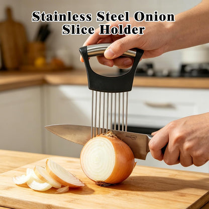 Zoyiancy 2 PCS Stainless Steel Onion Holder, Cutting Tool for Vegetables | Stainless Steel, Protective Cover, Non-Slip Grip, Easy To Wash, Dishwasher, Slices Veggies, Fruit Meat, Onion, Potato, Tomato