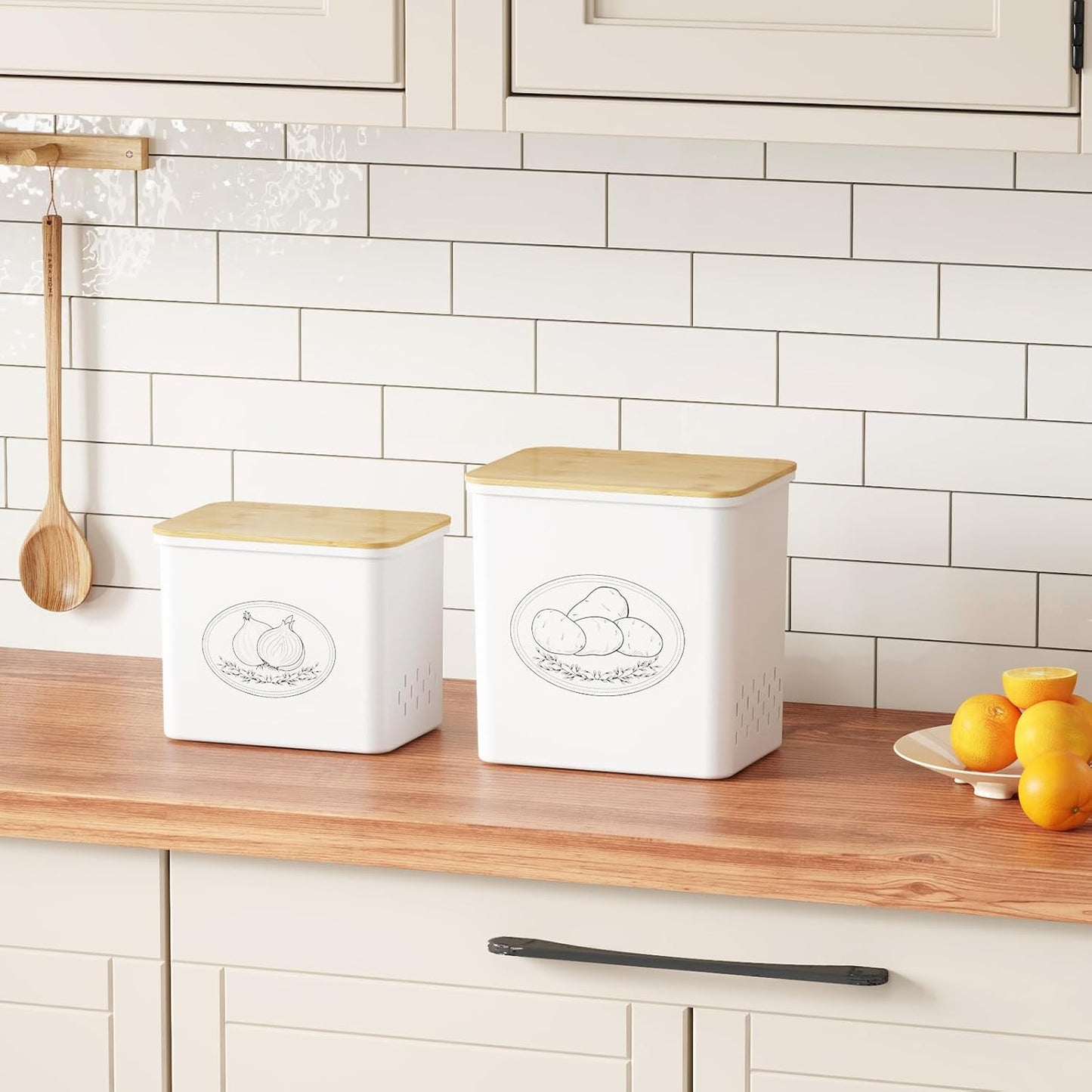 Lifewit Plastic Potato and Onion Storage Bin Box, Set of 3, White | Stackable Garlic Keeper, Vegetable Container Box, Aerating Holes & Lid for Pantry Countertop
