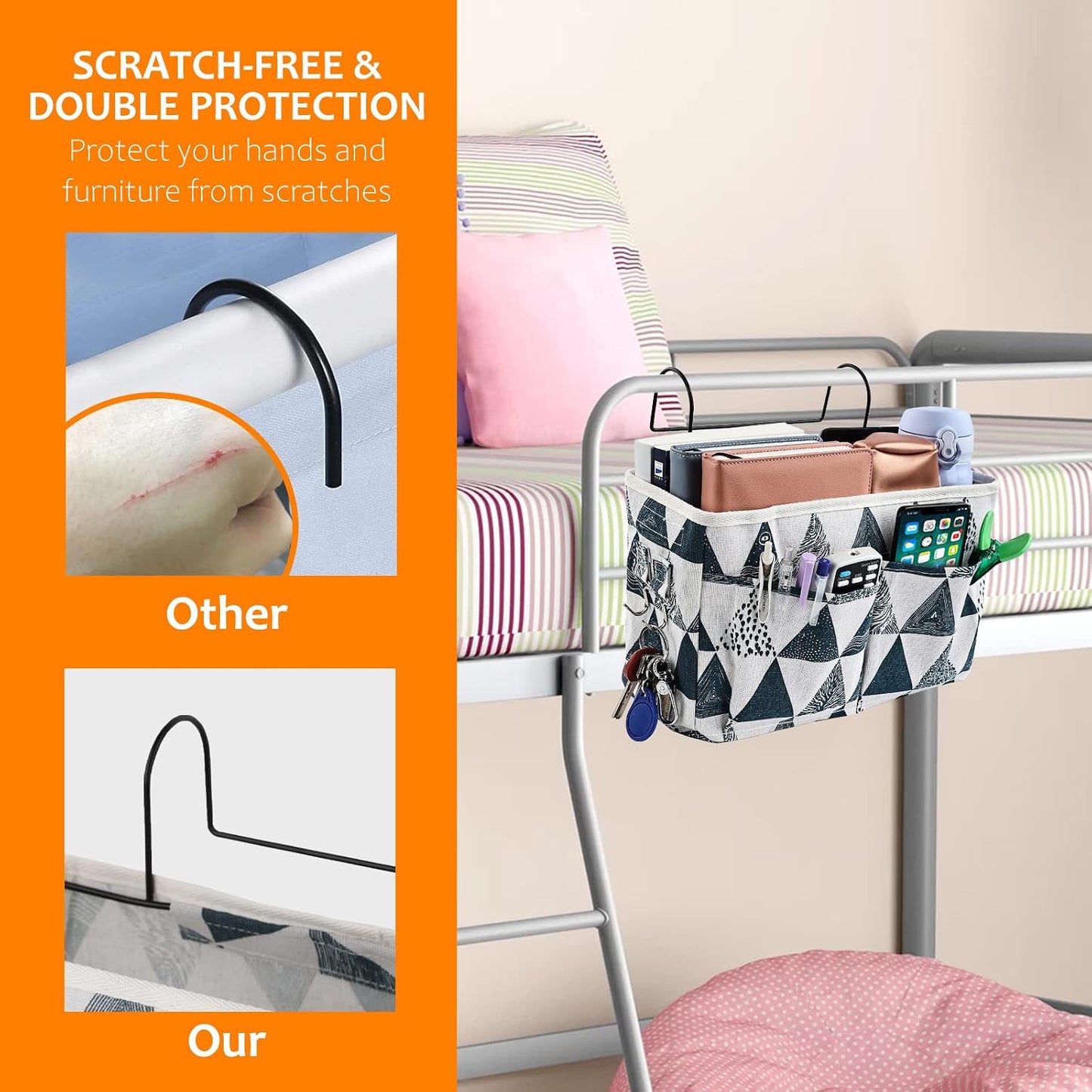 Surblue Bedside Caddy Bedside Storage Bag Hanging Organizer for Bunk, Hospital Beds, Dorm Rooms Bed Rails Camp 4 Pockets and 2 Hooks (Skyblue)