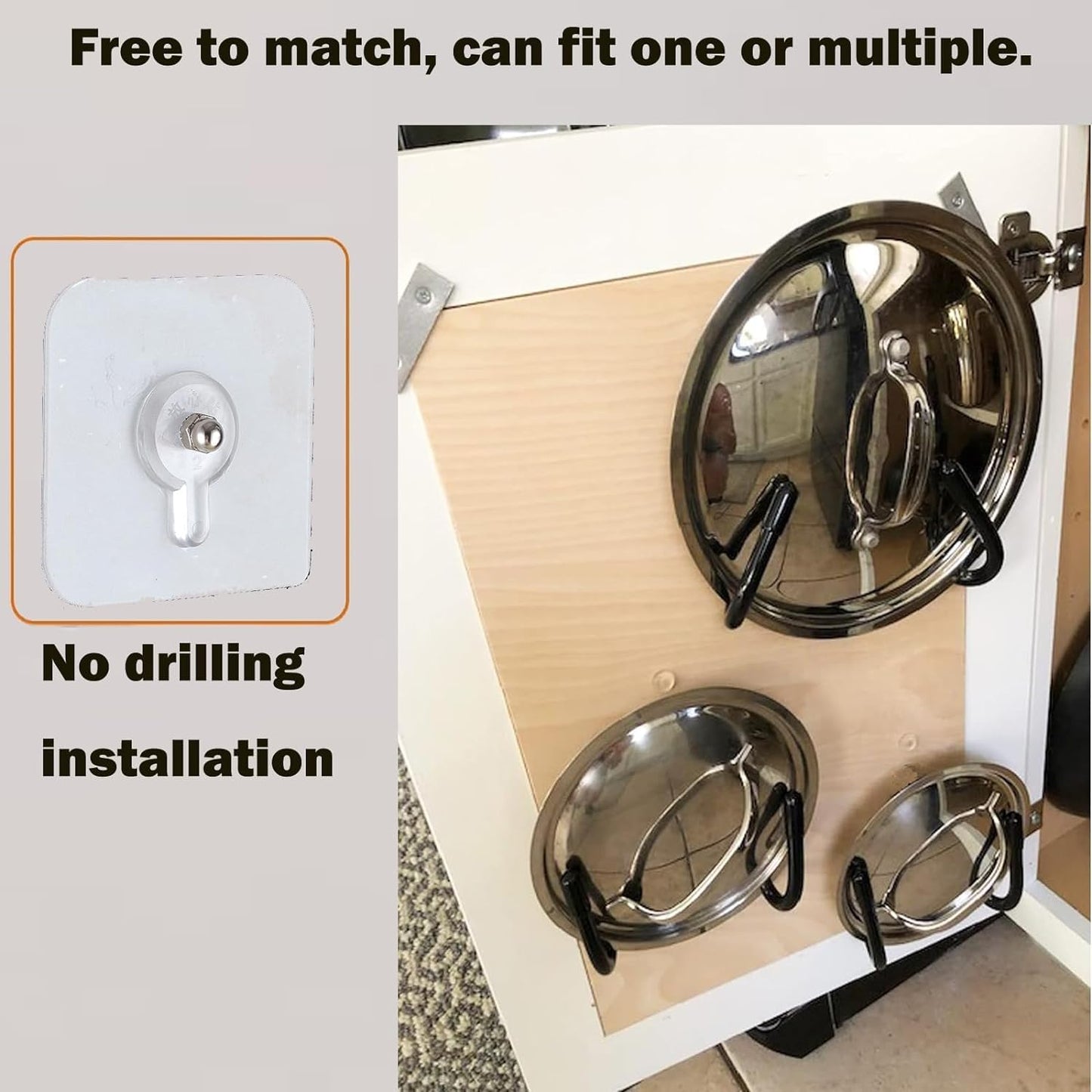 Set of 4 Pan Pot Lid Holders, Self-Adhesive Cabinet/Wall Mount Storage Organizer, Suitable for Lids Up to 11 Inches, Rust Resistant