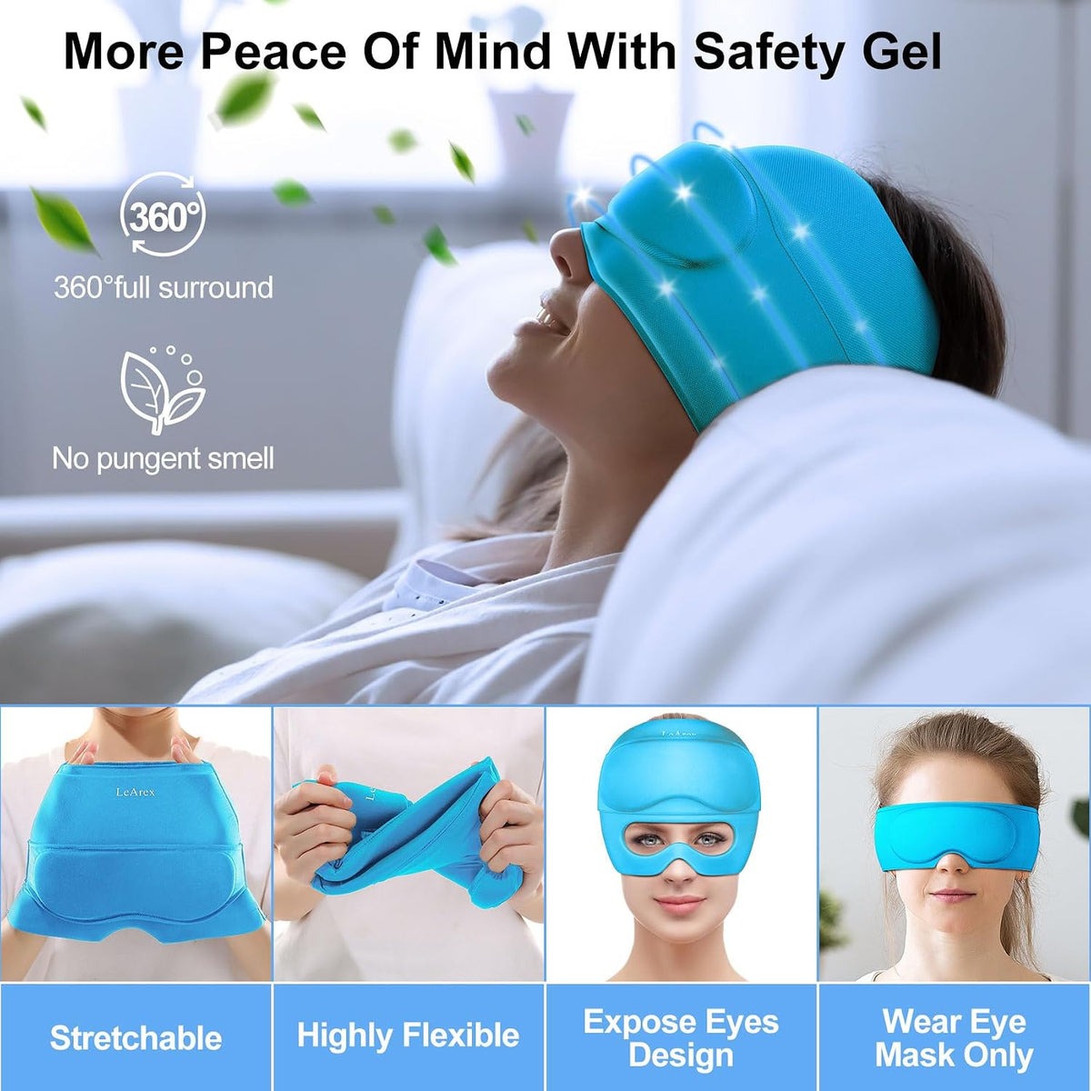 2 in 1 Migraine Relief Cap with Gel Eye Mask, Headache Relief Cap Ice Head Wrap Hot and Cold Therapy Hat Gift for Women for Headache Puffy Eyes Sinus and Tension Stress Relief (Light Purple)