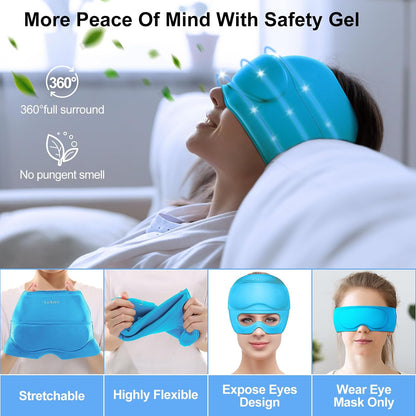 2 in 1 Migraine Relief Cap with Gel Eye Mask, Headache Relief Cap Ice Head Wrap Hot and Cold Therapy Hat Gift for Women for Headache Puffy Eyes Sinus and Tension Stress Relief (Light Purple)