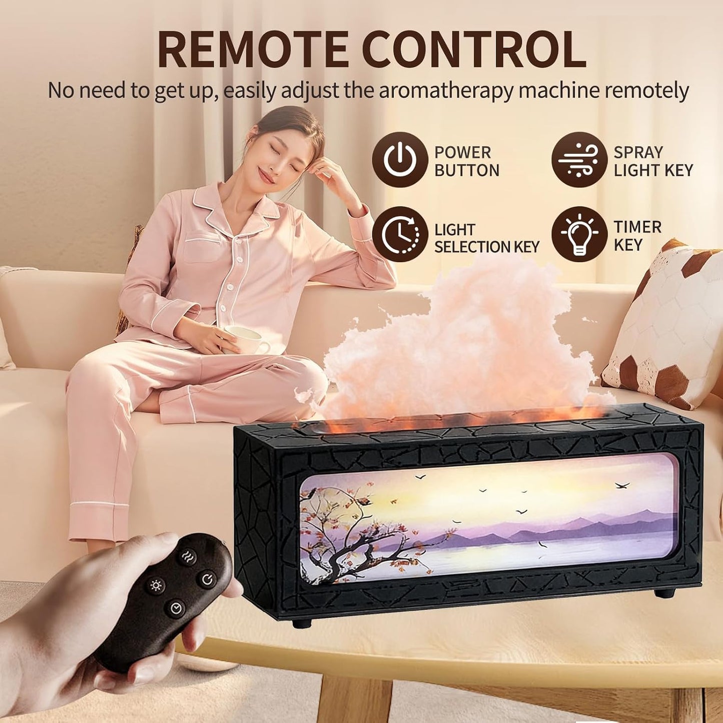 Fireplace Flame Essential Oil Diffuser, 280ml Aromatherapy Humidifier with Remote Control, 7 Color LED Lights, Ultrasonic Aroma Diffuser for Home Bedroom Office Yoga Spa, White